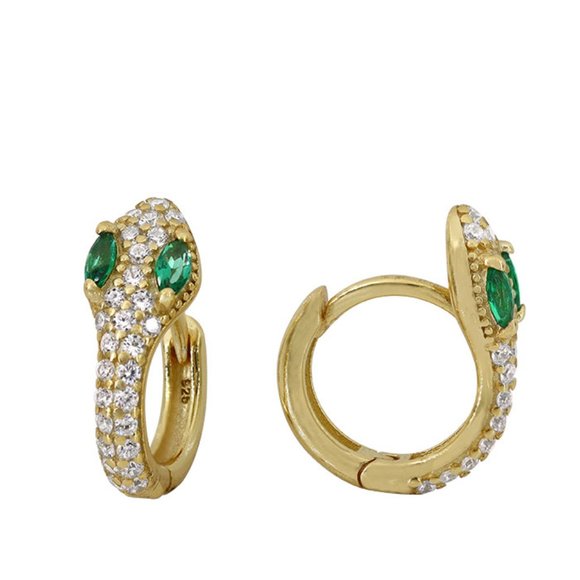 Dainty Tiny Serpent Hoop Earrings with Emerald Simulant CZ Stones NEW Stamped925 - Picture 2 of 7